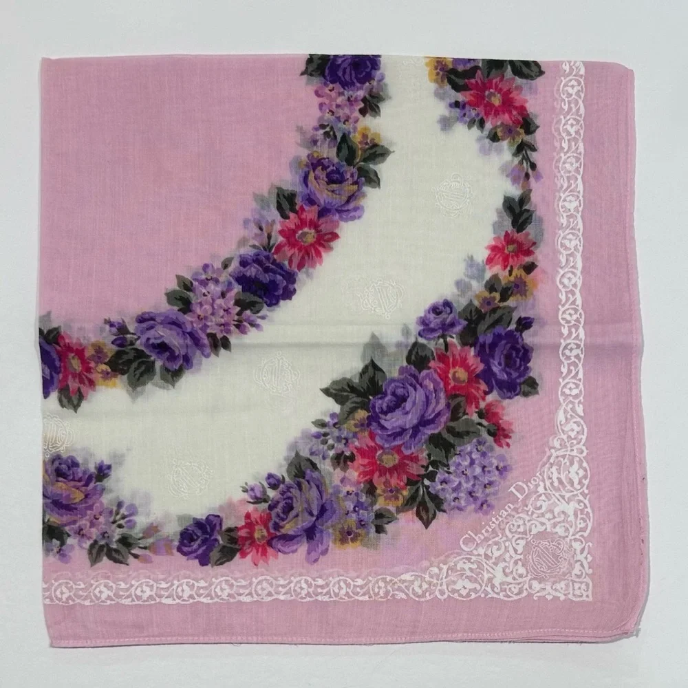 WOMEN HANDKERCHIEF CHRISTIAN DIOR Pink Floral Coquette BANDANA COTTON Scarf 18”